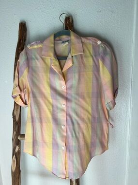 Rhapsody Vintage 70s Pastel Yellow Pink Plaid Short Sleeve Button Up Shirt Small